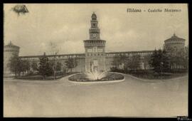 Tarjeta postal de vista exterior del Castello Sforzesco y su Torre del Filarete remitida al Monsi...