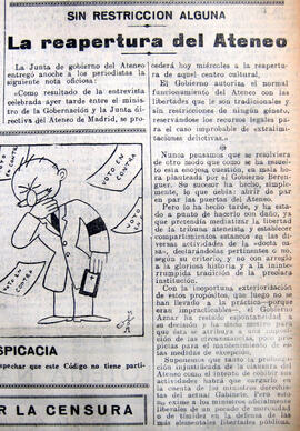 1931-03-11. La reapertura del Ateneo, sin restricción alguna. El Liberal (Madrid)