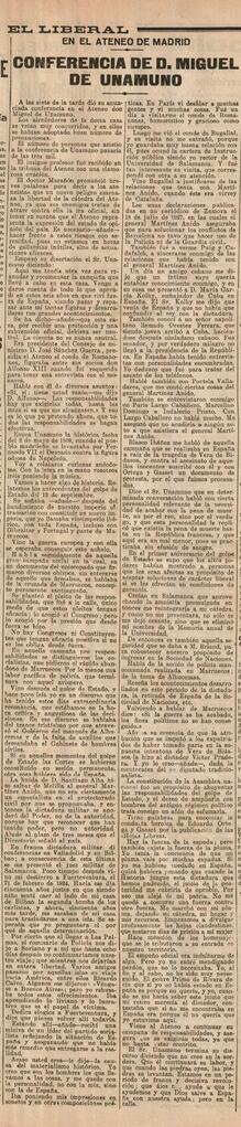 1930-05-03. Extracto de la conferencia de Miguel de Unamuno en el Ateneo de Madrid. El Liberal (M...