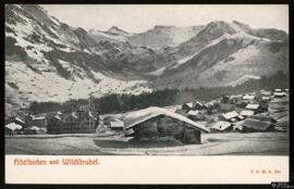 Tarjeta postal de vista panorámica de la comuna de Adelboden y la montaña de los Alpes Wildstrubel