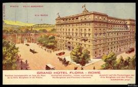 Tarjeta postal publicitaria a color de vista panorámica del Grand Hotel Flora de Roma con notas y...