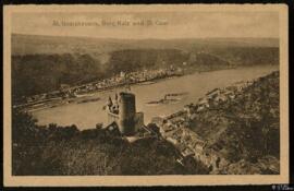 Tarjeta postal de vista panorámica de Sankt Goarshausen, el Castillo de Katz y Sankt Goar con car...