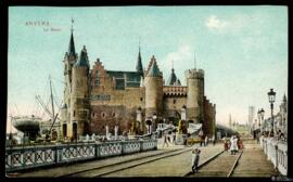 Tarjeta postal a color de escena costumbrista urbana junto al Castillo de Steen en Amberes editad...