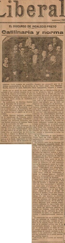 1930-04-26. Artículo sobre el discurso de Indalecio Prieto. El Liberal (Madrid)