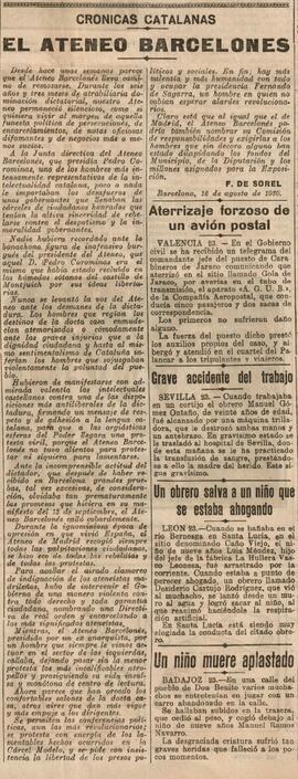 1930-08-24. Artículo sobre el Ateneo Barcelonés y el de Madrid frente a la dictadura. El Liberal ...