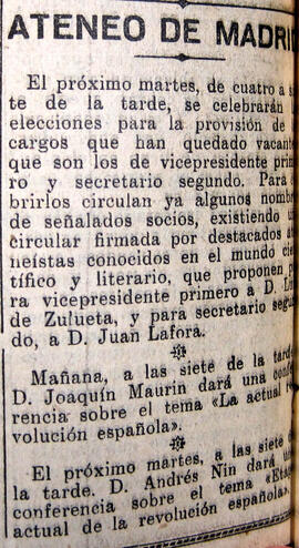 1931-06-07. Anuncio de elecciones y conferencias de Joaquín Maurín y Andrés Nin. El Liberal (Madrid)
