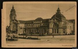 Tarjeta postal de vista exterior de la Estación Central de Wiesbaden  con carta no circulada en f...