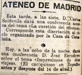 1931-06-04. Anuncio de conferencias de Carlos Soldevila y José Escudero. El Liberal (Madrid)