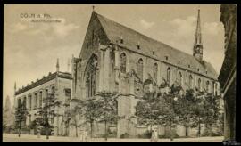 Tarjeta postal de vista exterior de la Minoritenkirche en Colonia con anotación al verso