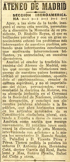 1931-12-02. Presentación de la memoria de la Sección Iberoamericana, por Rodolfo Reyes. El Libera...