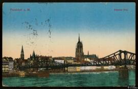 Tarjeta postal circulada a color de vista panorámica del Eiserner Steg en Frankfurt editada por W...