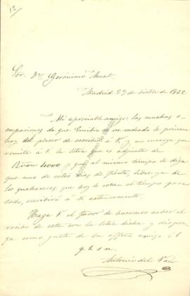 1862-12-23. Carta de Antonio del Val (en nombre de Emilio Castelar) a Jerónimo Amat