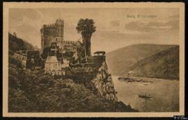 Tarjeta postal de vista exterior del Castillo de Rheinstein con carta no circulada en francés al ...