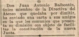 1930-06-13. Dimite José Antonio Balbontín de la Junta de Gobierno del Ateneo. El Liberal (Madrid)