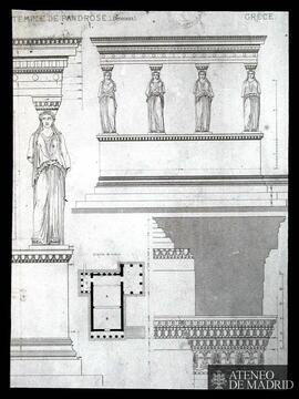 Planta, cariátides y capitel del "Temple de Pandrose"