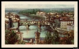 Tarjeta postal a color de vista panorámica del Paseo fluvial junto al Río Arno y los tres puentes...