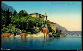 Tarjeta postal a color de vista panorámica de La Villa del Balbianello en Lenno junto al Lago di ...