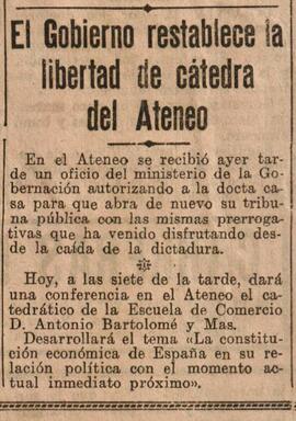 1930-06-26. El Gobierno restablece la libertad de cátedra del Ateneo. El Liberal (Madrid)