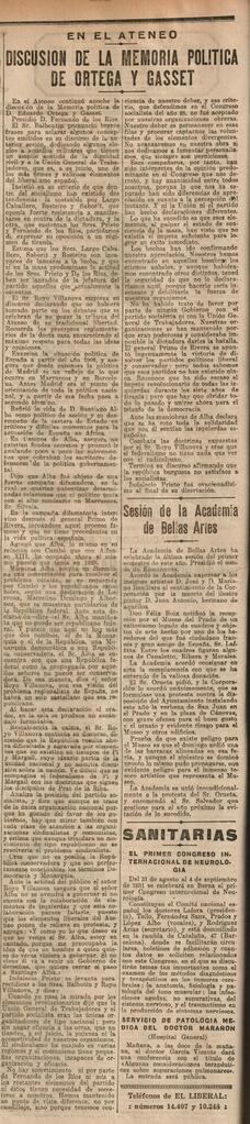 1930-07-02. Extracto de la discusión de la Memoria de Eduardo Ortega y Gasset . El Liberal (Madrid)