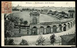 Tarjeta postal circulada del Anfiteatro de la Arena de Milán remitida por [J. Pagés] al Monsieur ...