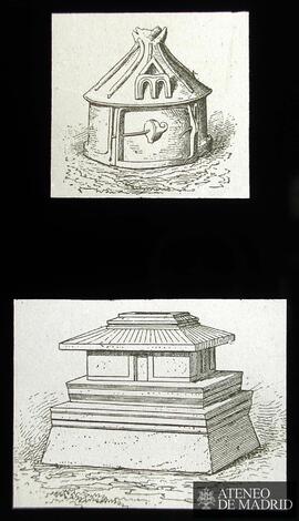 Dibujos de urnas  cinerarias etruscas o latinas. La inferior reproduce una urna cineraria de pied...