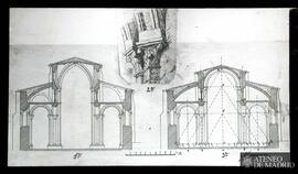Secciones actual y restituida de la iglesia de San Vicente de Ávila. . (Dibujo de Vicente Lampére...