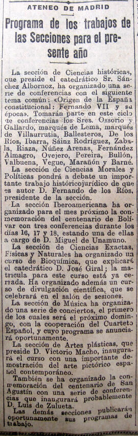 1930-11-28. Programa de los trabajos de las Secciones. El Liberal (Madrid)