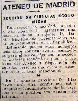 1931-04-26. Actos de la Sección de Ciencias Económicas. El Liberal (Madrid)