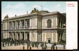 Tarjeta postal pintada a color de vista exterior de la Casa de Valores de Hamburgo editada por Ve...