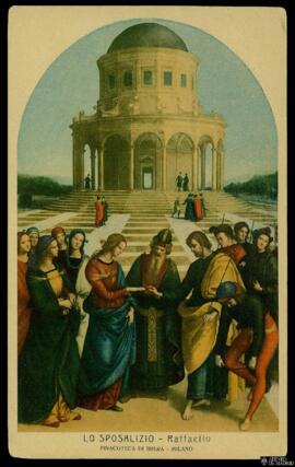 Tarjeta postal de reproducción a color de la obra de Rafael Sanzio El Desposorio de la Virgen o L...