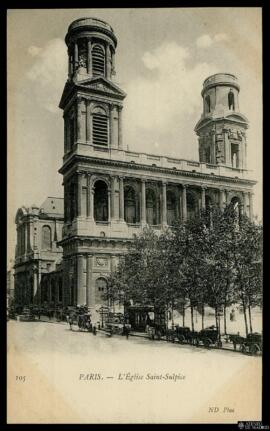 Tarjeta postal de vista exterior de la Iglesia de San Sulpicio o Église Saint-Sulpice en París ed...