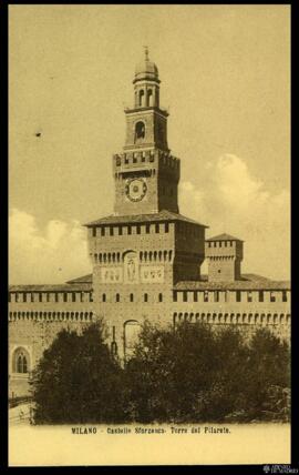 Tarjeta postal de vista exterior de la Torre del Filarete del Castello Sforzesco de Milán