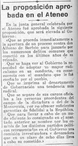 1931-05-15. La Junta general del Ateneo aprueba una proposición al Gobierno. El Liberal (Madrid)