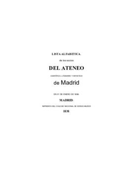 Lista alfabética de los socios  del Ateneo Científico, Literario y Artístico de Madrid en 31 de e...
