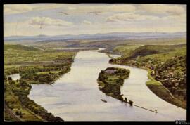 Tarjeta postal a color de vista panorámica de la isla Nonnenwerth y la región de Rheintal desde l...