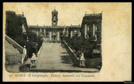 Tarjeta postal de vista panorámica del Palazzo Senatorio en la colina del Campidoglio de Roma