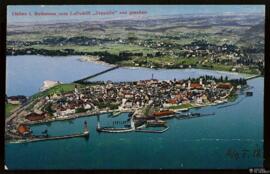 Tarjeta postal a color de vista aérea desde un zeppelin a Lindau y el Lago de Constanza o Bodensee