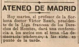 1930-04-08. Anuncio de la conferencia de Victor Basch. El Liberal (Madrid)