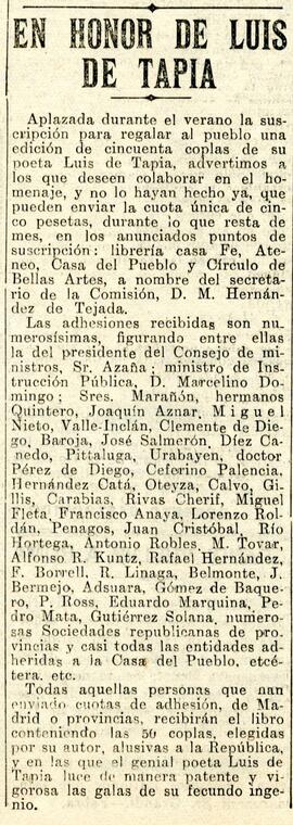 1931-10-28. Homenaje a Luis de Tapia. El Liberal (Madrid)