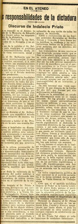 1930-06-28. Discurso de Indalecio Prieto sobre las responsabilidades de la dictadura, en la discu...