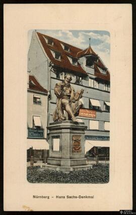 Tarjeta postal del monumento escultórico a Hans Sachs en Núremberg editada por el Hermann Martin ...