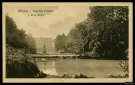 Tarjeta postal de vista del paisaje de los Jardines Públicos y la Villa Real o Villa Belgiojoso B...