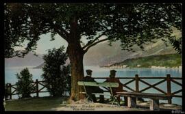 Tarjeta postal a color de escena costumbrista urbana en el Jardín de la Via Serbelloni de Bellagi...