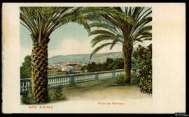 Tarjeta postal policromada de vista panorámica de San Remo desde el Corso Imperatrice