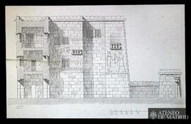 Dibujo de una vista lateral de un templo egipcio