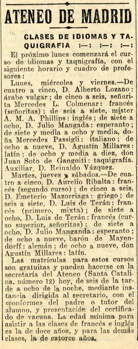 1931-10-16. Clases de idiomas y taquigrafía en el Ateneo de Madrid. El Liberal (Madrid)