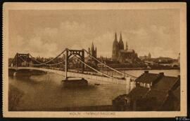 Tarjeta postal de de fotograbado de vista panorámica del Hängebrücke en Colonia editada por K. T....