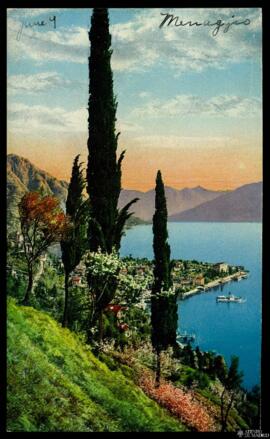 Tarjeta postal a color de vista panorámica de Menaggio junto al Lago di Como editada por Paul Ben...