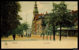 Tarjeta postal a color de vista exterior de la Iglesia Reformista y la Löhrs-Platz de Leipzig edi...