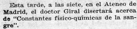 1931-03-25. Anuncio de conferencia del doctor Giral. Ahora (Madrid)